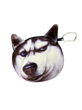 SIDE EYE Husky Dog Face Coin Pouch Keychain Fob Charm - Black & White